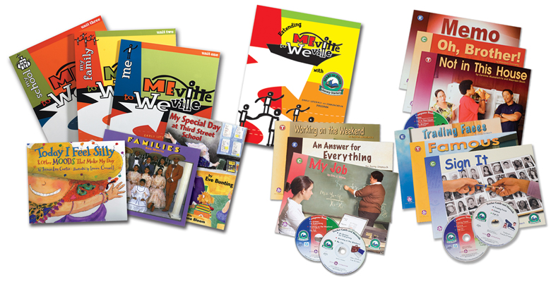 Complete Meville to Weville with (from L to R) core books for young students, extension book for older students and the Literacy Starters titles with computer versions.