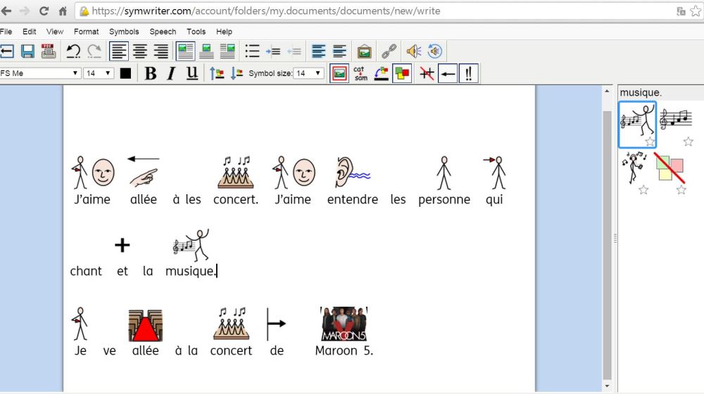 Student writing in French but in English interface. Note the picture of Maroon 5 that’s been inserted into the text
